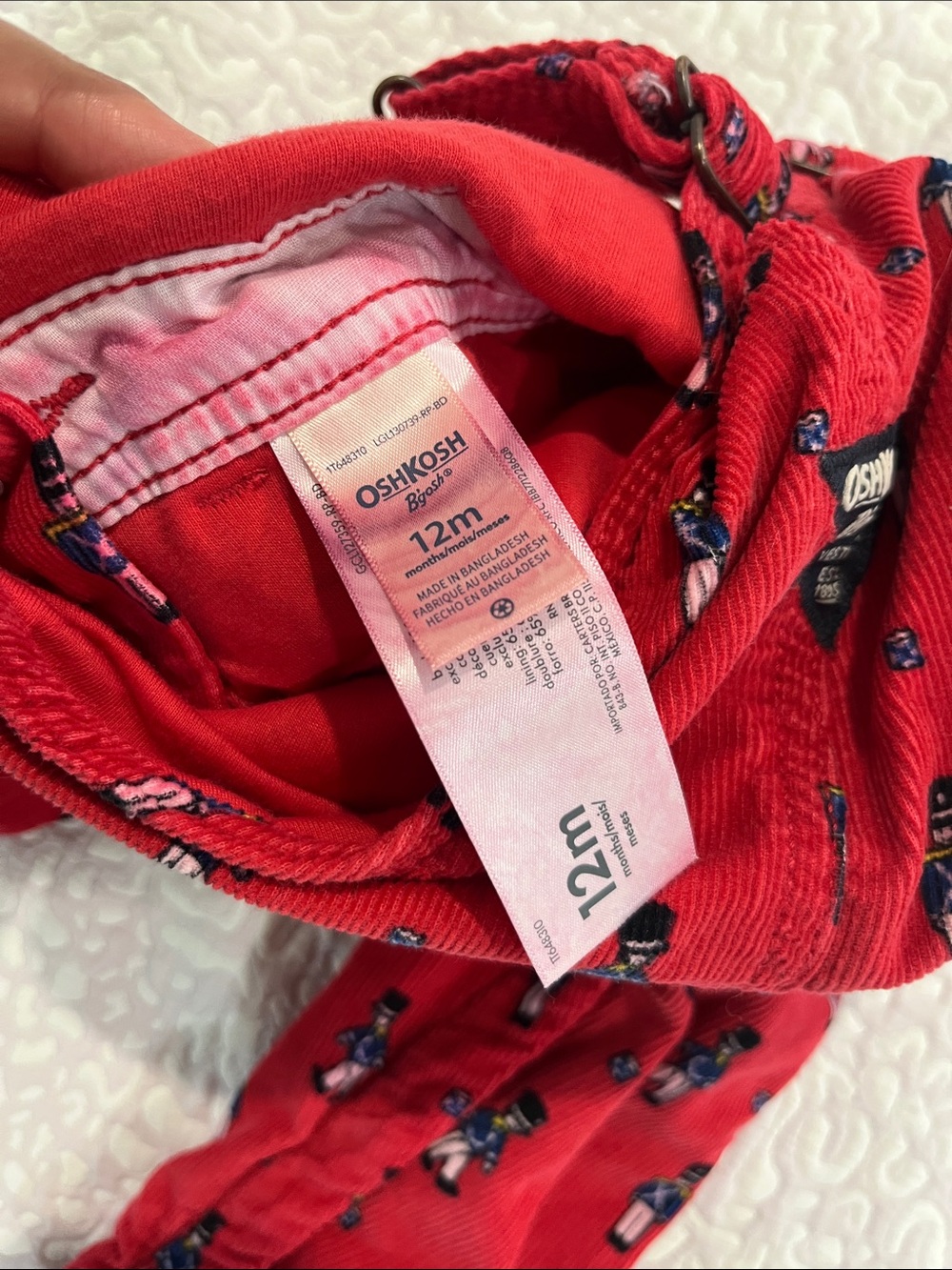 OshKosh B'gosh Red Corduroy Overalls with Toy Soldier Print - Picture 3 of 4